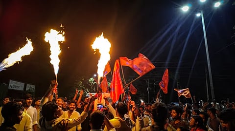 Image of the ABVP members of Assam University celebrating after the victory