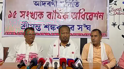 Image of Executive President and MLA of Sootea constituency, Padma Hazarika, addressing the press conference