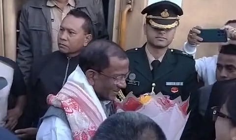 Image of Assam Governor Lakshman Prasad Acharya, while being felicitated in Dhemaji