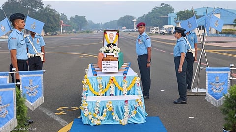 Image of the mortal remains of Wing Commander Namansh Syal, martyred during the Tejas Crash in Dubai