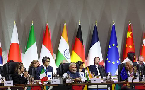 Image of India's Prime Minister Narendra Modi, along with dignitaries from other countries, at the G20 Summit held in South Africa