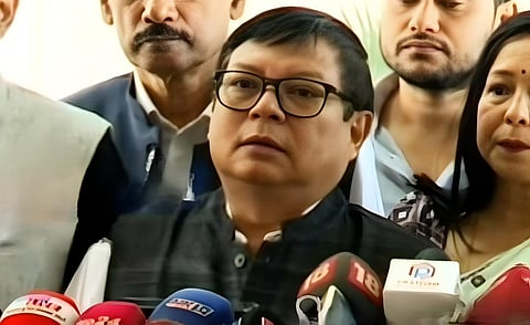 Image of LoP Debabrata Saikia while addressing the media after the first day of Assam assembly session