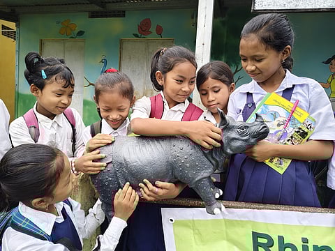 The “Rhino Goes to School” initiative is aimed at educating students living near Kaziranga National Park about wildlife conservation and biodiversity.