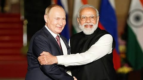 Image shows the Russian President Vladimir Putin and the Indian Prime Minister Narendra Modi