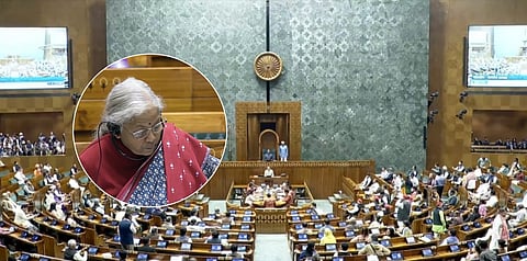 Image shows Union Finance Minister Nirmala Sitharaman addressing at the Parliament Winter Session