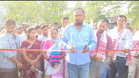 Image of MLA Padma Hazarika laying the foundation stones for the construction of two school buildings