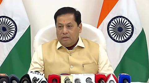 Image of the Union Minister Sarbananda Sonowal addressing a media conference in New Delhi