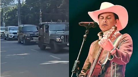 Image of the SIT team vehicles on the left and legendary late music icon Zubeen Garg on the right