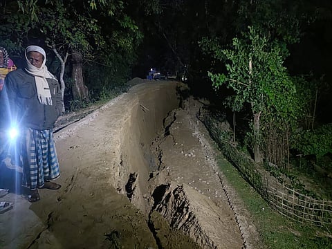 Riverbank erosion washes away road in Narayanpur village under the Algapur area of Hailakandi district