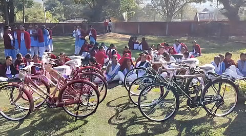 Image of the girl students after receiving the bicycles under the Assam Chief Minister's special scheme