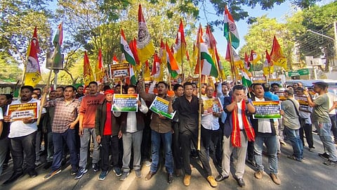 Image of Youth Tipra Federation members while staging protest outside the Bangladesh Assistant High Commissioner's office