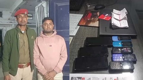 Image of the arrested individual on the left and seized items in the right