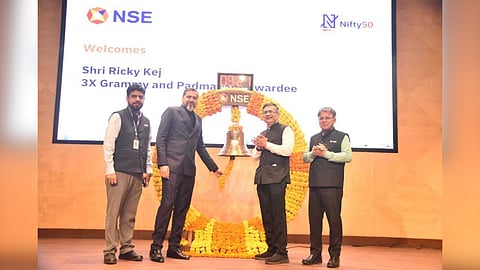 Shri. Ricky Kej rings the NSE Bell alongside MD & CEO Shri. Ashishkumar Chauhan, celebrating excellence and the vision of Viksit Bharat