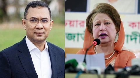 File photo of Tarique Rahman on the left and Khaleda Zia on the right