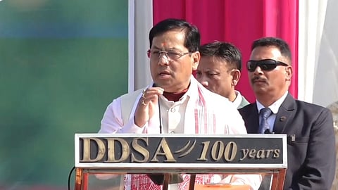 Image of Union Minister Sarbananda Sonowal while addressing the closing ceremony of Sansad Khel Mahotsav in Dibrugarh