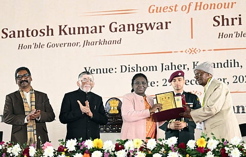 Image of President of India Droupadi Murmu at the hundredth-year celebrations of the Ol Chiki script in Jamshedpur