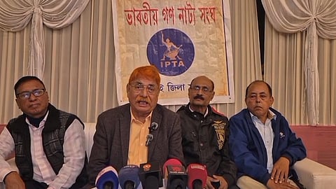 Member of the Hojai district’s Bharatiya Gana Natya Sangha, Bharat Tamuli Phukan addressing the gathering