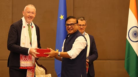 Assam CM Himanta Biswa Sarma with the EU Ambassador to India and Bhutan Hervé Delphin