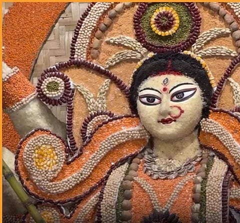 Guwahati Durga Puja Mandap Highlights Assamese Heritage with Rice-Crafted Goddess Durga