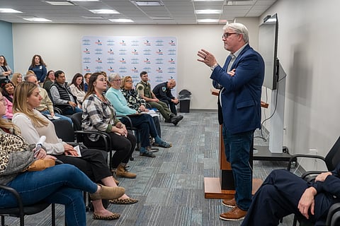 Restore Hope CEO Paul Chapman speaks to community leaders during a collective impact meeting in Fort Madison, Iowa.
