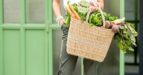 A woman holding a wicker basket bag full of fresh vegetables. A little sign that says "organic" is sticking out of the bag.