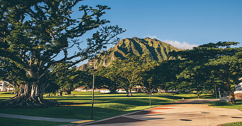A beautiful green park with a brick path in Hawaii. There is a large, foliage-covered mountain above the entire park.