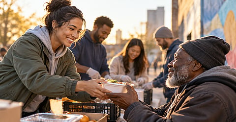 Volunteer handing a meal to an older man during a community food distribution event.