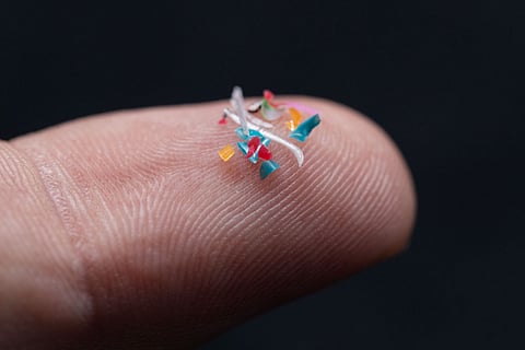 A close-up of a fingertip holding tiny, colorful fragments of microplastics. The pieces are in various shapes and colors, including blue, red, yellow, and white, with some resembling small fibers.