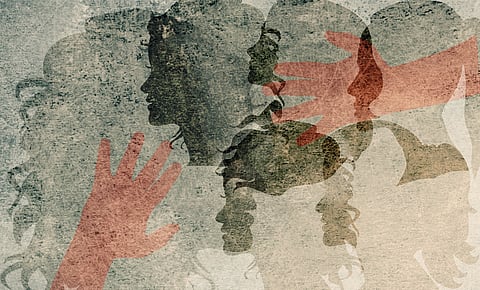 A textured, abstract artwork featuring layered silhouettes of faces and hands in muted tones. The overlapping profiles of women are rendered in shades of gray and green, while the hands, in shades of red, appear to be reaching out or touching.