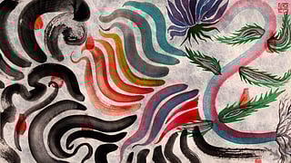 An illustration of thick, paint-like strokes in many colors, with some of the strokes ending in flowers or roots.
