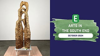 A photo of a textured, abstract sculpture on the left, featuring an organic, twisted shape with a golden-brown surface, standing on a small platform. On the right, a dark blue background displays the text "Arts in the South End, October 2024" with a green and white design element.