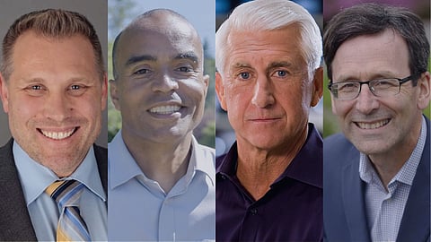 A side-by-side composite image of four men. Each man faces forward and smiles slightly. From left to right: one man wears a suit and tie, another wears a light blue collared shirt, the third has white hair and a dark shirt, and the last man wears glasses and a blazer.