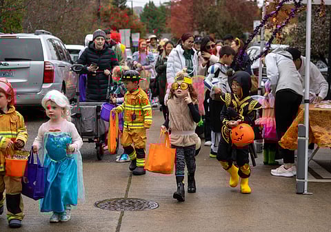 Children in Halloween costumes walk down a street, carrying candy bags. Costumes include Elsa from Frozen, a firefighter, and an insect. Parents and other adults follow in the background.
