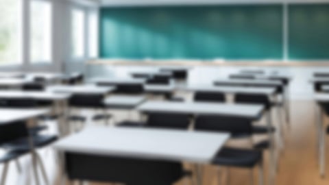 Beautiful blurred background of bright classroom and study room with panoramic windows and beautiful lighting. Blurred Empty school background.