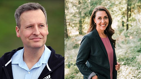 On the left, a close-up photo of Dave Upthegrove smiling and looking askance of the camera. On the right, a photo of Jaime Herrera Beutler smiling directly at the camera and turned slightly sideways, her right hand in her pocket, against a background of foliage.