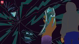 An illustration of a hand holding up a shard of glass in which part of their reflection is visible, and that reflection also overlaps with a larger illustration of a face, the mouth open, the visible eye looking off to the left. In the right corner of the illustration is a person visible from behind, wearing a hoodie.