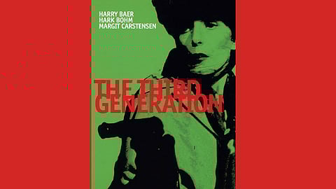 A film poster for 'The Third Generation' featuring a green-tinted close-up of a person's face and torso, wearing a trench coat and holding a gun. The title 'The Third Generation' is in bold red text across the center. The names 'Harry Baer,' 'Hark Bohm,' and 'Margit Carstensen' appear in white text at the top. The background is split between green and red.