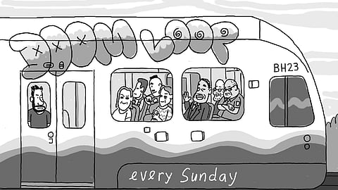 A black and white cartoon illustration of a train labeled "BH23" with graffiti on top reading "Doom Loop" in bubbly letters with cartoonish faces. The train has passengers inside, some smiling and waving, while others look indifferent.