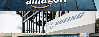 Composite image featuring the Amazon logo on a glass building, the Boeing sign near a metal fence, and a Starbucks storefront with a green awning.
