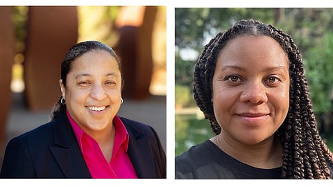 A side-by-side portrait of two women; the left woman is wearing a dark blazer with a pink shirt and smiling against a blurred outdoor background with abstract sculptures, while the right woman has long braided hair, wearing a black shirt, and smiling softly in front of a green, natural setting.