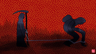 An illustration of a figure wearing shackles around their ankles, attached by chains to the Grim Reaper. The figure is leaning forward, seemingly struggling forward, while the Grim Reaper is erect, holding a scythe.