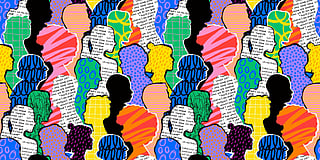 Abstract digital illustration featuring a dense pattern of overlapping human silhouettes in various colors and patterns.