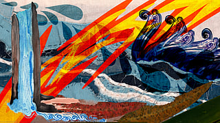 A collage-like illustration of a waterfall and waves separated by jagged fire-colored streaks.