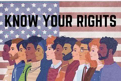 Illustration of a diverse group of people standing in profile against a background of the American flag, with bold black text above reading “KNOW YOUR RIGHTS.”