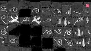 An illustration of a patchwork depicting spirals, evergreen trees, seeds, and birds.