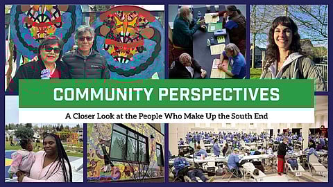 Collage of community moments from Seattle’s South End, featuring neighbors, public art, local events, and health care services, overlaid with the title “Community Perspectives: A Closer Look at the People Who Make Up the South End.”
