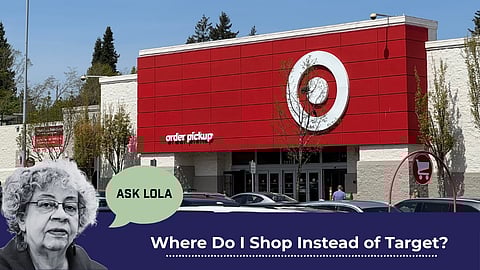 A Target storefront with a red facade and "order pickup" sign, overlaid with a cutout of an older Black woman labeled "Ask Lola" and the question "Where Do I Shop Instead of Target?" in bold text.