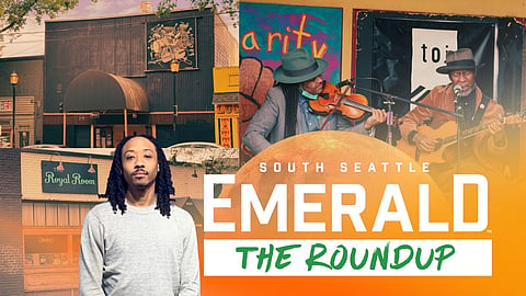 Collage-style graphic for South Seattle Emerald's "The Roundup" featuring local music venues and performers, including images of The Royal Room, Black & Tan Hall, live musicians, and a portrait of a Mike Davis in front of a backdrop of neighborhood landmarks.