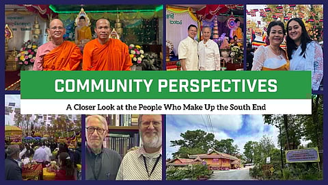 Collage celebrating community members, featuring Buddhist monks, families, elders, and a Khmer temple, with the title “Community Perspectives: A Closer Look at the People Who Make Up the South End.”