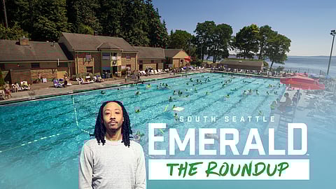 A headshot of Mike Davis overlaid on a photo of Colman Pool, with the words "South Seattle Emerald The Roundup" set next to Mike's photo.